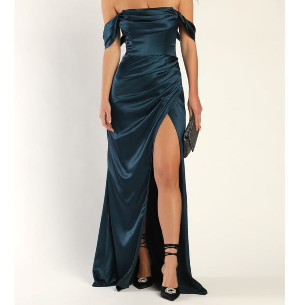 NEW Lulus Stunning Arrival Dark Teal Satin Off-the-Shoulder Maxi Gown Dress